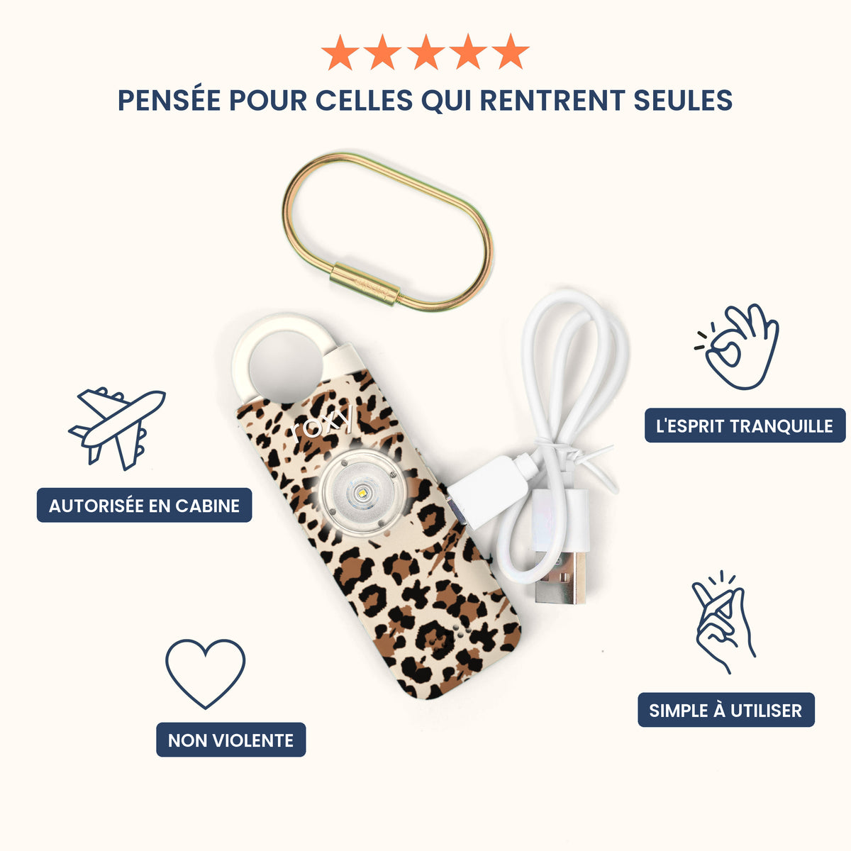 Alarme personnelle Roxy 2.7 leopard, cable USB-C et anneau porte-cles