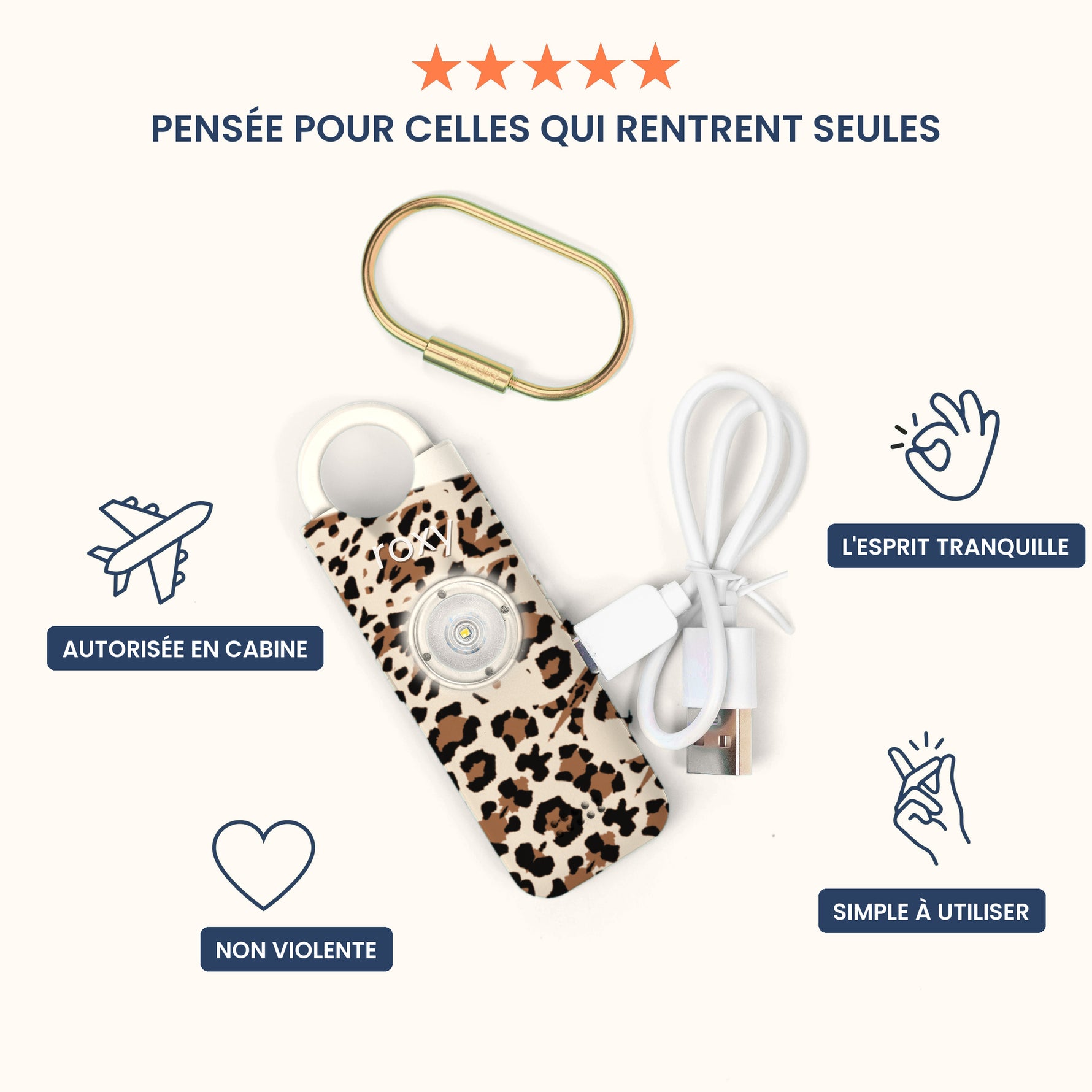 Alarme personnelle Roxy 2.7 leopard, cable USB-C et anneau porte-cles